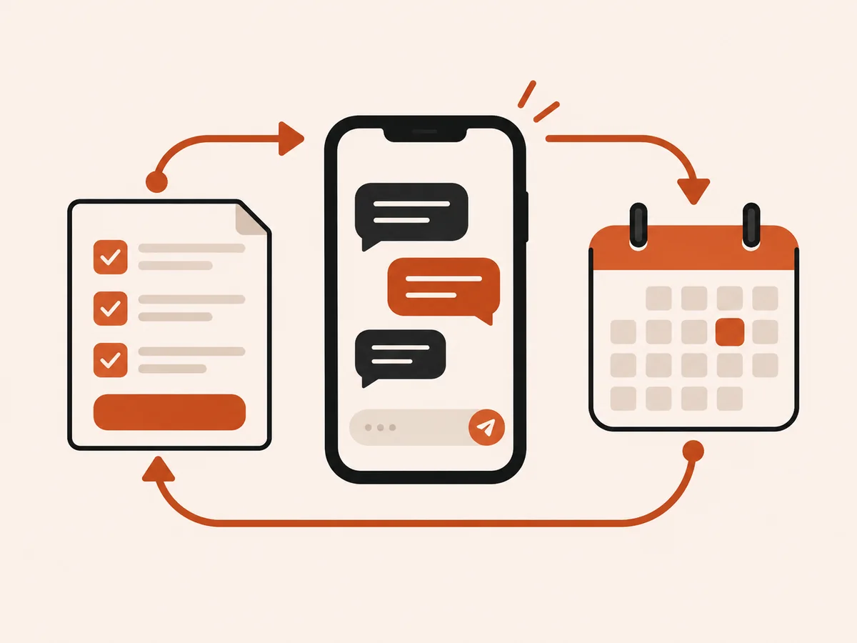 Ilustración: formulario, celular con mensajes y calendario conectados en un circuito