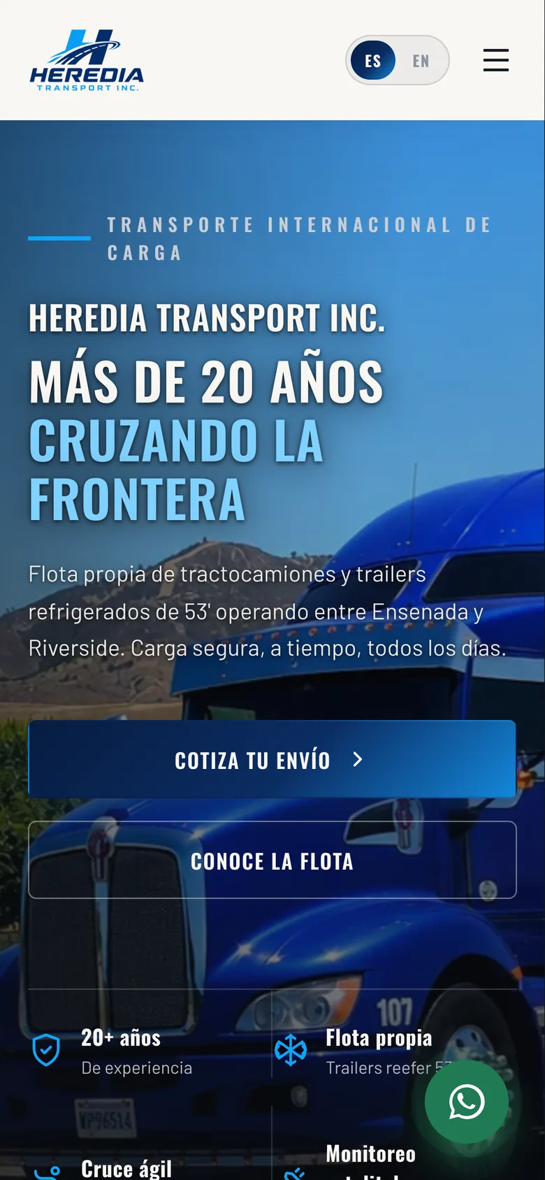 Página de Heredia Transport en celular